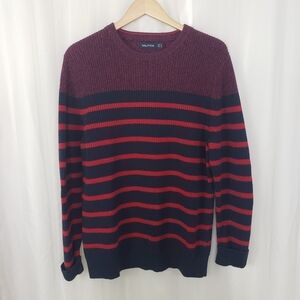 Nautica Men's cotton crew neck pullover sweater red navy blue stripe size Large